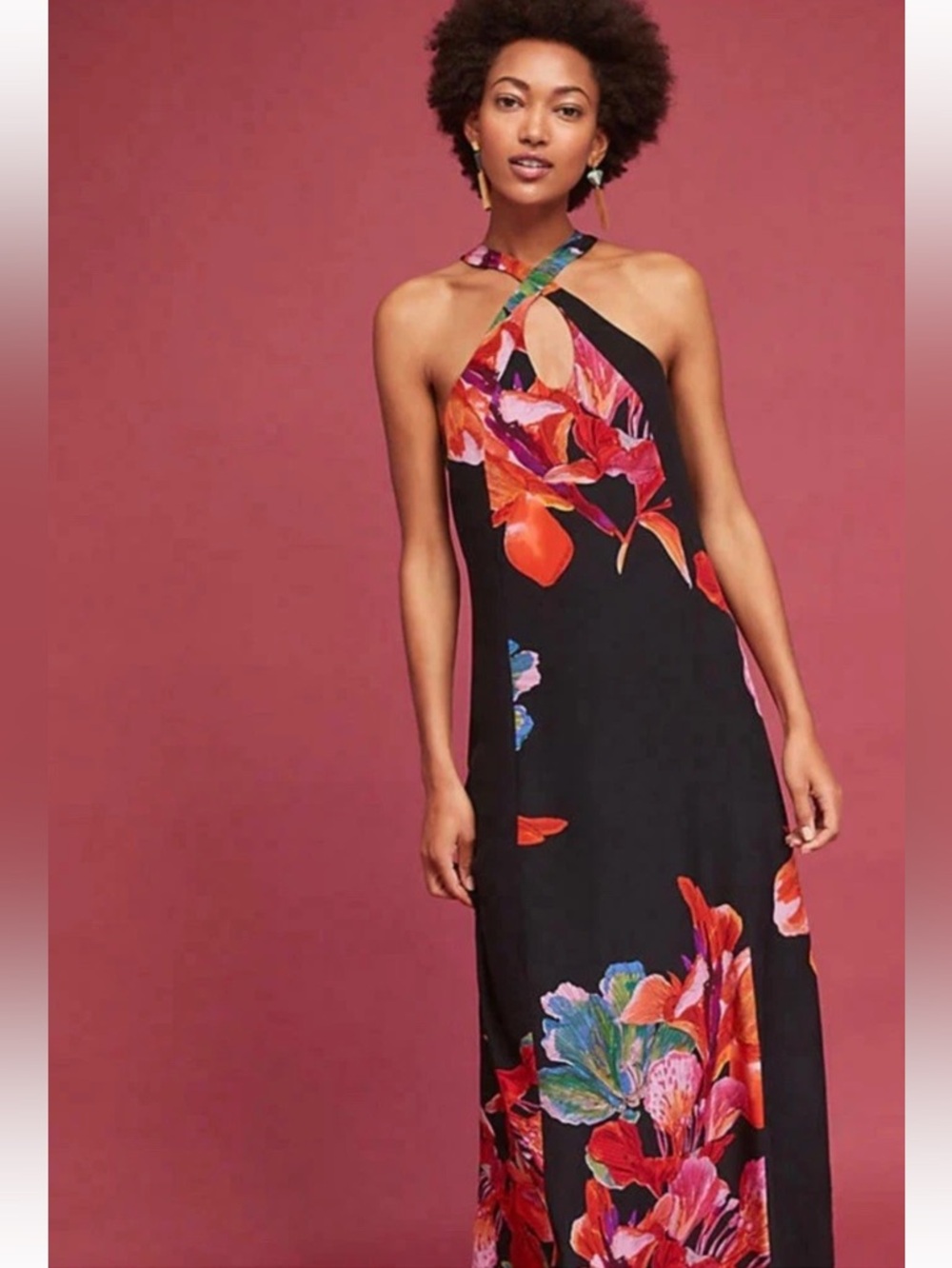 Anthropologie Maeve Cayman Silk Floral Maxi Tropical Dress Large Summer Dress - Picture 2 of 10